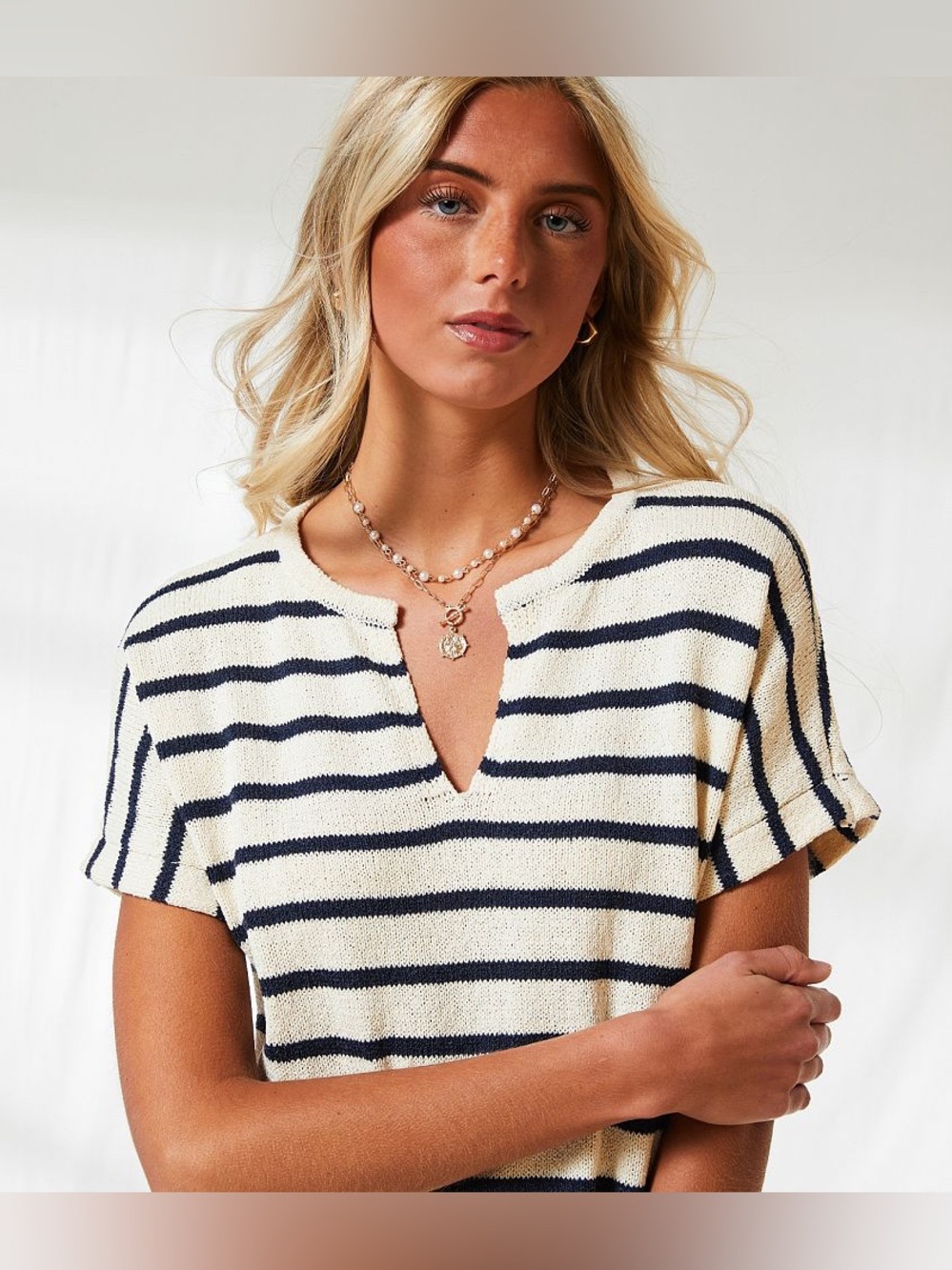 BKE Cream and Navy Striped Short Sleeve V-Notch Tee
